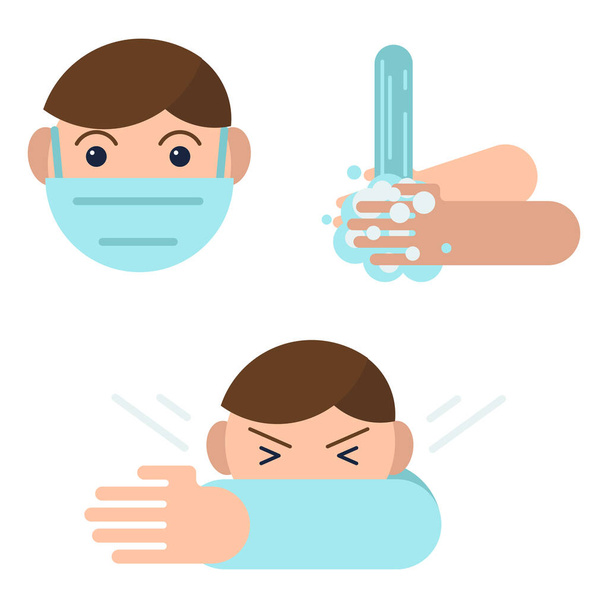 コロナウイルス予防のヒント.2019-nCV 、 Covid-19 。要約インフォグラフィック症状と予防のヒント,健康と医療.咳、手を洗う、医療用マスクを持つ男のフラットアウトラインアイコン。ベクトル - ベクター画像