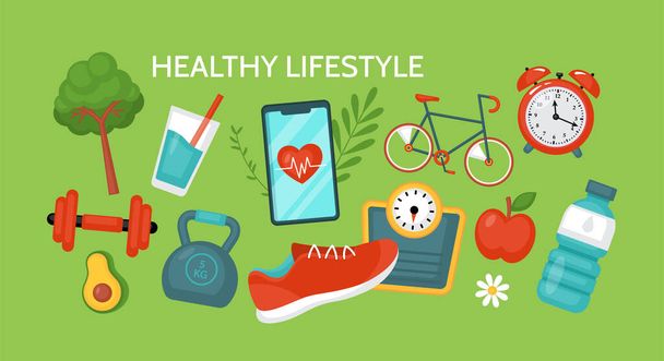 Healthy lifestyle concept. Fitness and diet banner design with food and sport equipment. Vector illustration - Vetor, Imagem