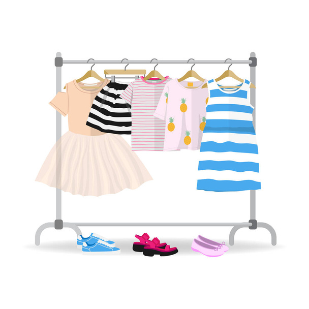 Rack with colorful summer children clothes hanging on hangers - Vector, Image