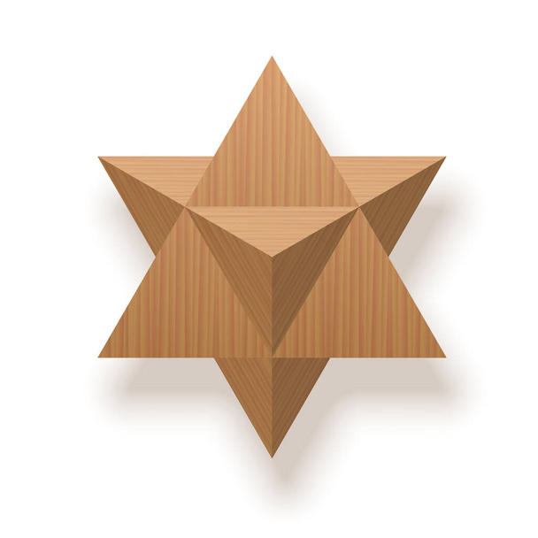 Star tetrahedron, Merkaba, Mer-Ka-Ba, stellated octahedron, stella octangula, 3D extension of the Star of David. Wooden textured isolated vector illustration on white background. - Vector, Image