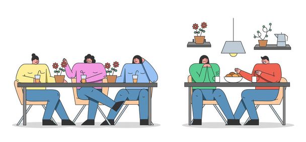 Concept Of Annoying Friend. Annoying and Intrusive Admirer Trying Unsuccessfully Have A Conversation. Friends Are Communicating And Drinking Together. Cartoon Linear Outline Flat Vector Illustration - Vector, Image