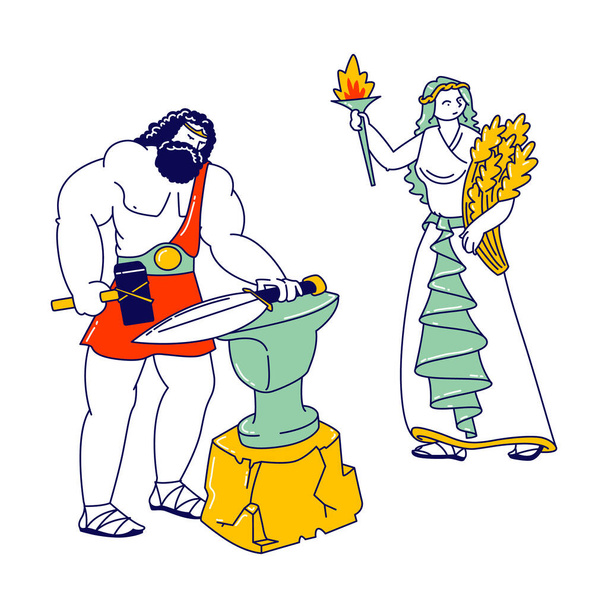 Olympic Gods Characters Hephaestus or Vulcan Patron of Fire and Blacksmiths. Goddess Demeter - Vector, Image