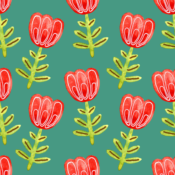 Floral background with red watercolor doodles of flowers - 写真・画像