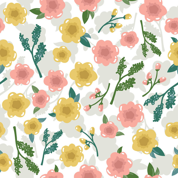 Cute floral seamless pattern. Vector background with flowers and leaves. - Vector, Image