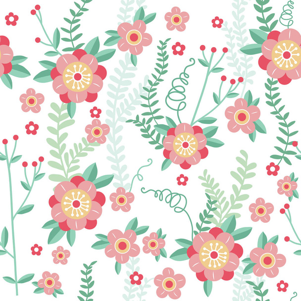 Cute floral seamless pattern. Vector background with flowers and leaves. - Vektor, Bild