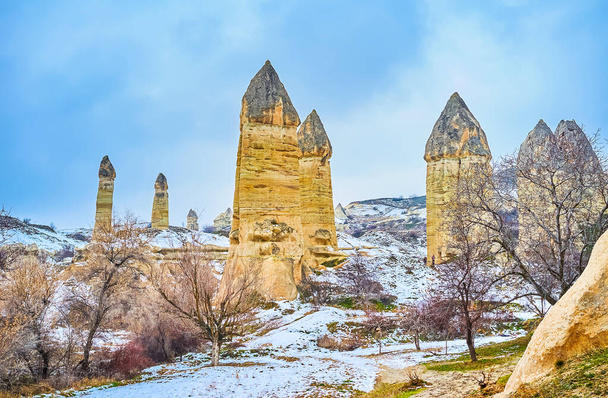 Enjoy the outstanding landscape with fairy chimney rocks and snowy valley of Goreme national park, Cappadocia, Turkey - Fotoğraf, Görsel