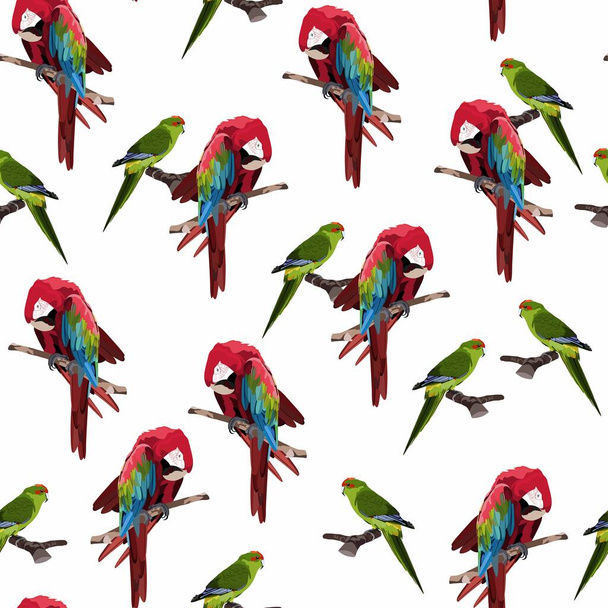 Roter Papagei mit nahtlosem Muster auf weißem Hintergrund für Tapete, Verpackung, Verpackung und Hintergrund.  - Vektor, Bild