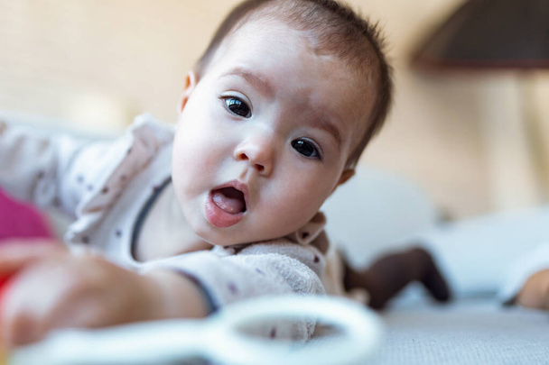 Shot of a cute baby girl looking at camera and playing with the rattle while lying down on sofa at home. - 写真・画像