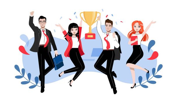 Creativity, Brainstorming, Innovation, Teamwork Concept. Group Of Happy Successful Business People Or Students In Different Poses With Winner s Cup. Cartoon Linear Outline Flat Vector Illustration - Vector, afbeelding