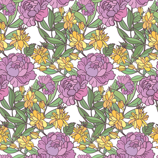 Realistic floral seamless pattern. Vector background with flowers and leaves. - Vector, imagen