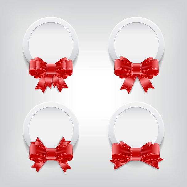 Vector white plastic round badges with red shiny satin ribbon bow knots - Vektor, Bild