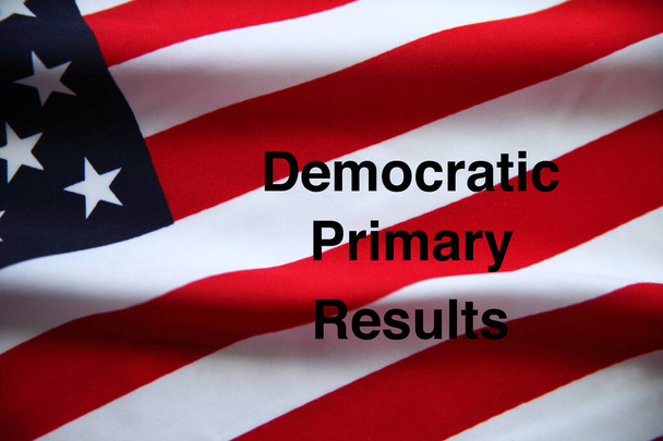 Αμερικανική σημαία με πρωτογενή δημοκρατικά αποτελέσματα με έντονους χαρακτήρες - Φωτογραφία, εικόνα