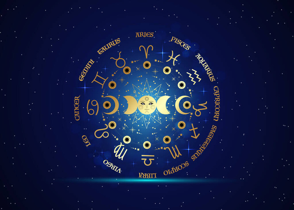 星座とトリプルムーン、異教のウィッカの女神のシンボル、太陽系、月相、惑星の軌道、エネルギーサークルの金ホイール。星の青い銀河の背景に孤立したベクトル - ベクター画像