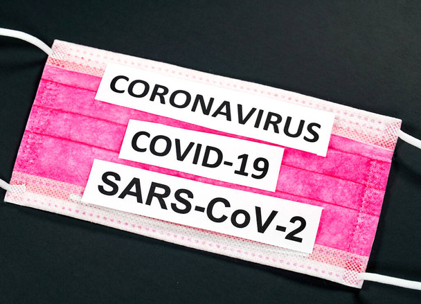 Coronavirus COVID-19 escrito sobre una máscara sobre fondo negro Qué es el coronavirus Un coronavirus novedoso es un coronavirus nuevo que no ha sido identificado previamente. El virus que causa la enfermedad COVID-19
 - Foto, imagen