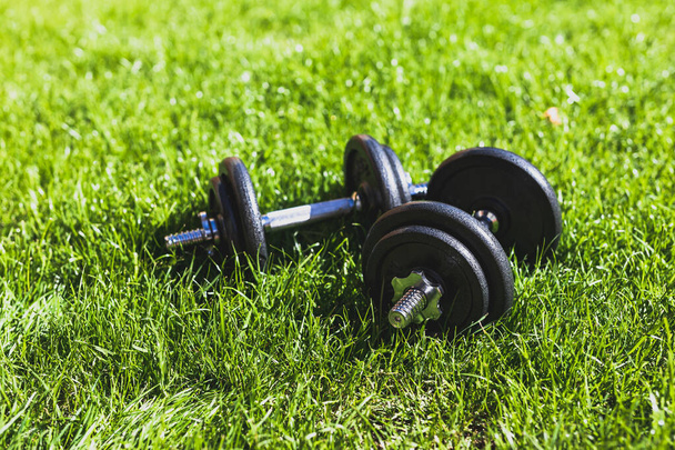keeping fit and exercising outdoor or at home, set of heavy dumbbells on green grass lawn in a backyard under direct sunlight - Photo, image