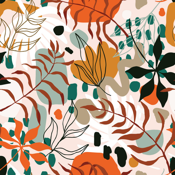 Patrón sin costuras de moda con interesantes hojas tropicales y plantas con fondo abstracto ornamento dibujado a mano. Exóticos creativos follaje fondo floral
. - Vector, Imagen