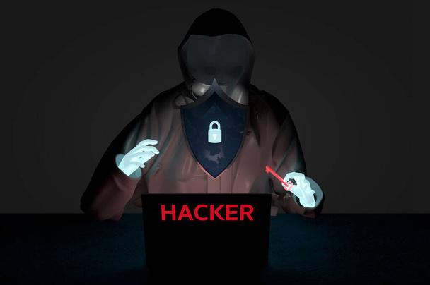 Konzept Internetkriminalität und Cybersicherheit. Hacker arbeiten an Code auf dunklem Hintergrund . - Foto, Bild