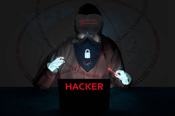 Έννοια έγκλημα στο διαδίκτυο και ασφάλεια στον κυβερνοχώρο. Hacker που εργάζονται σε έναν κώδικα σε κόκκινο φόντο . - Φωτογραφία, εικόνα
