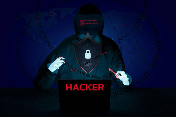 Koncept internetové kriminality a kybernetické bezpečnosti. Hacker pracuje na kódu na modrém pozadí . - Fotografie, Obrázek