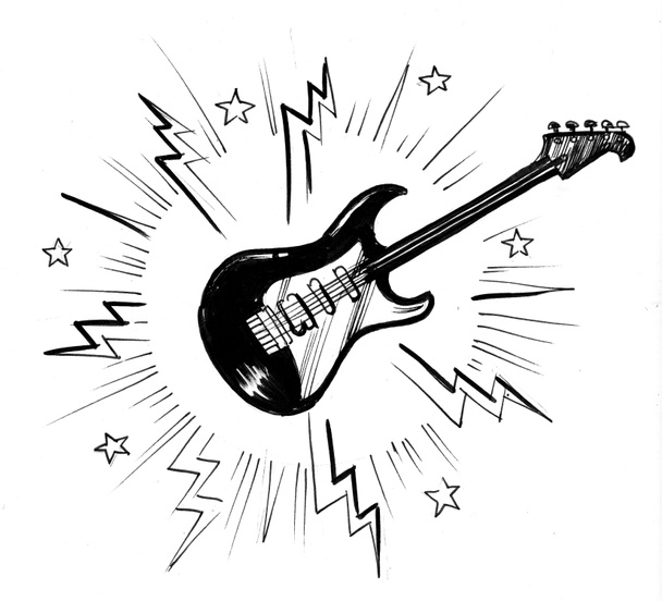Elektro gitar. Mürekkep siyah beyaz çizim - Fotoğraf, Görsel