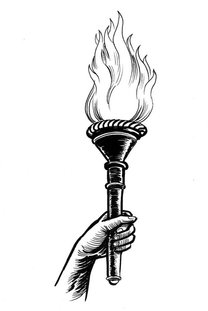 Hand with Olympic fire torch. Ink black and white drawing - Photo, Image