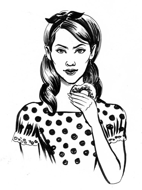 Pretty woman eating doughnut. Ink black and white drawing - Fotografie, Obrázek