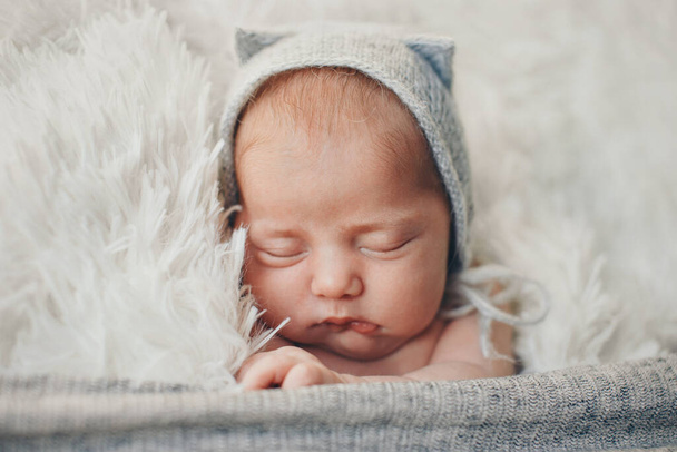 a newborn baby in a knitted hat with ears. Imitation of a baby in the womb. Portrait of a newborn.. The concept of health , parenting, children's Day, medicine, IVF - 写真・画像