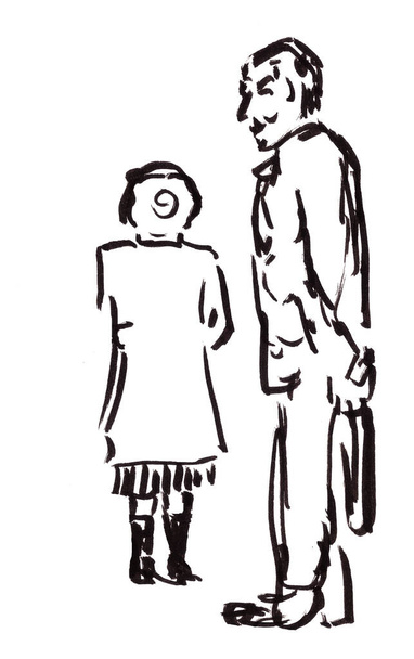 gráfico preto e branco desenho de um homem alto no perfil e uma pequena mulher de pé com as costas em um fundo branco
 - Foto, Imagem