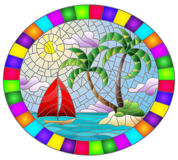 Illusztráció festett üveg stílusban trópusi tengeri táj, kókuszfák a homokos tengerparton és egy hajó, ovális kép fényes keretben - Vektor, kép