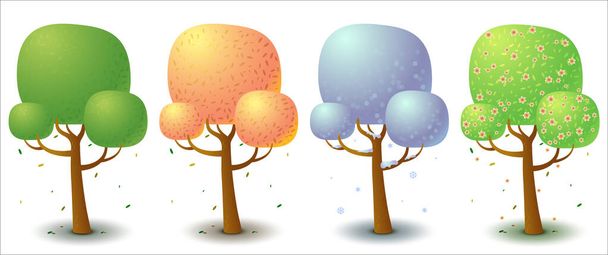 Set of four stylized trees in different seasons of the year. Game UI flat. Template for logo design, decorating clothes, build 2D games or postcards. Isolated stock illustration on white background. - Vector, Image