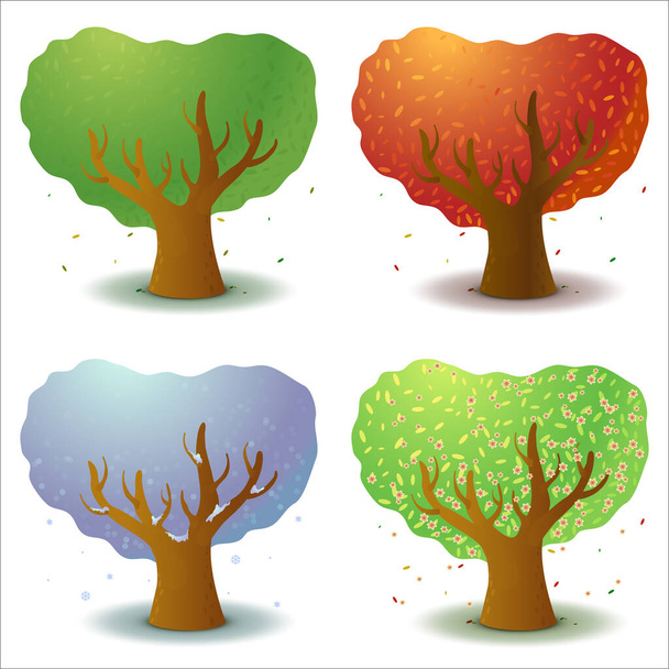 Set von vier stilisierten Bäumen in verschiedenen Jahreszeiten. Game UI flach. Vorlage für Logodesign, Dekoration von Kleidung, 2D-Spiele oder Postkarten. Isolierte Aktienillustration auf weißem Hintergrund. - Vektor, Bild