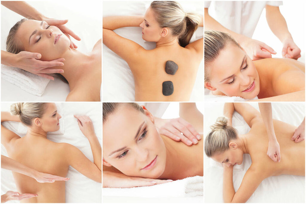 Kobieta mająca różne rodzaje masażu. Spa, wellness, opieka zdrowotna i aromaterapia collage. Koncepcja terapii zdrowia, rekreacji i masażu. - Zdjęcie, obraz