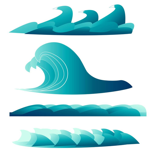 Conjunto de mar, olas oceánicas en diseño vectorial aislado sobre fondo blanco. Ilustración gráfica artística, abstracta con curvas, salpicaduras
.  - Vector, Imagen
