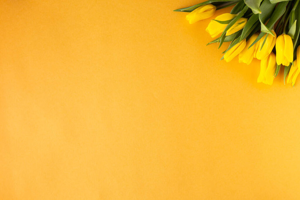 Hermoso arreglo floral. Flores amarillas tulipanes, marco vacío para texto sobre fondo amarillo. Boda. Cumpleaños Día de San Valentín. Día de las Madres. Piso tendido, vista superior
, - Foto, imagen
