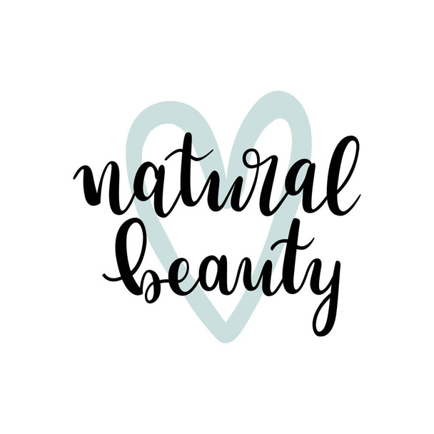 Natural beauty logo, lettering logotype with doodle heart shape illustration, simple modern design,label for organic cosmetic brand, beautiful calligraphy writing, isoalted vector  - Vetor, Imagem