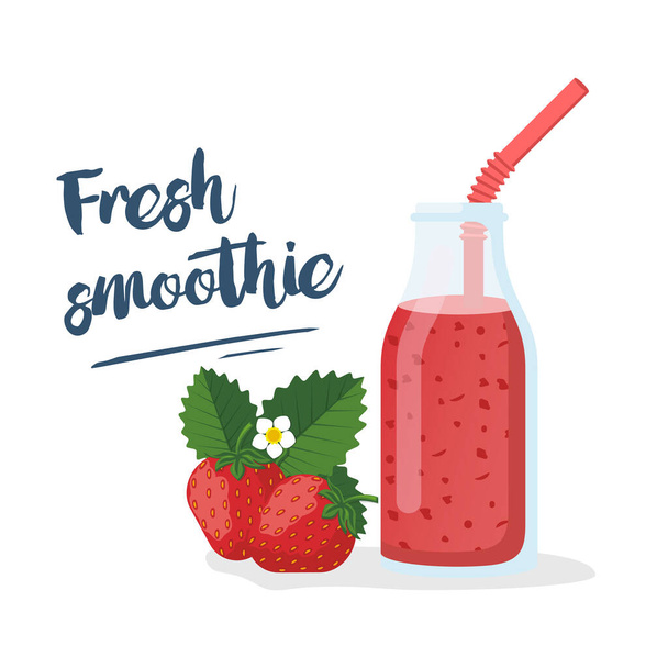 Strawberry smoothie. Template for menu or banner for healthy eating. Fresh energetic drink for healthy life. Strawberry juice in glass bottle with straws. Vector flat design. Landing page with text. - Vektor, Bild