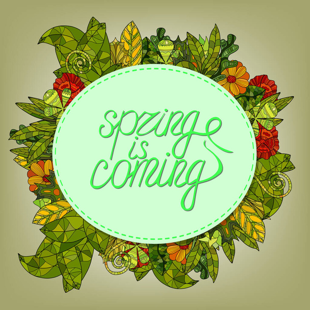 spring lettering greeting card with cartoon flowers and leaves - spring is coming - Vector, Image