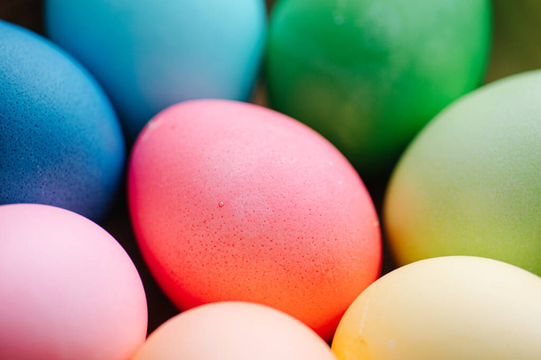 Easter decoration close-up of multi-colored eggs. - Foto, afbeelding