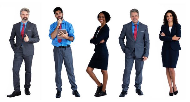 Gruppo di 5 uomini d'affari e donne d'affari multietnici isolati su sfondo bianco
 - Foto, immagini