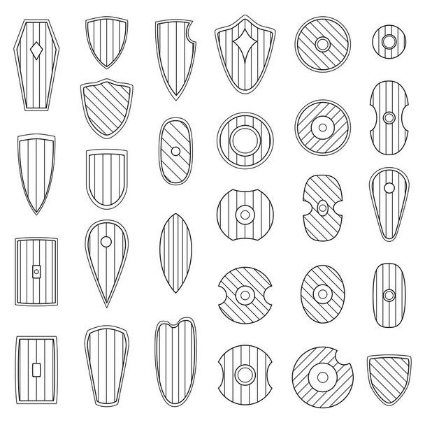 Set of simple monochrome vector images of medieval shields and bucklers drawn by lines. - Vector, Image