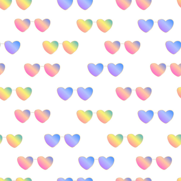 Seamless pattern with sunglasses in the form of hearts. Summer rainbow background. - Vector, Image