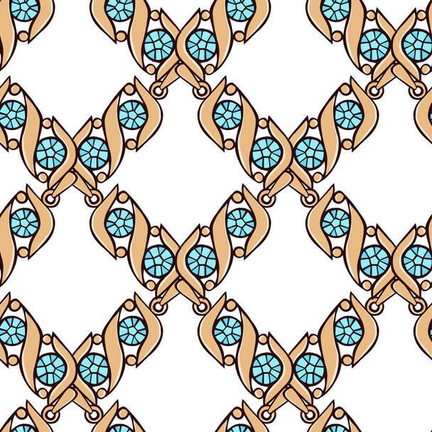 Gold jewelry in the form of a grid. Seamless vector pattern of pendants with blue crystals on a white background. Seamless vector pattern. - Διάνυσμα, εικόνα