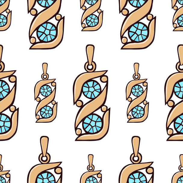 Separate large and small pendants with crystals. Gold jewelry with blue sparkling stones on a white background. Seamless pattern for different surfaces. - Vektor, kép