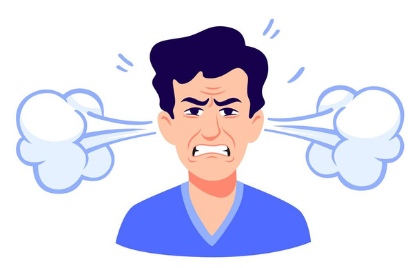 Homme dessin animé en colère avec de la vapeur sortant des oreilles isolées sur blanc
 - Vecteur, image