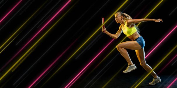 Creative sport and neon lines on dark background, flyer, proposal - Fotoğraf, Görsel
