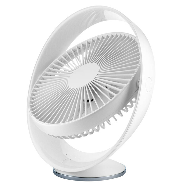 Large desktop fan with USB input isolated on a white background. Three quarter view with raised blades - Photo, Image