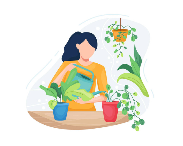 Vector illustration Young woman taking care plants. Beautiful woman watering houseplants, Women caring for indoor plants. Female gardener, Vector illustration in a flat style - Vector, Image