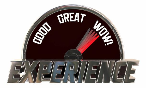 Ocena poziomu doświadczenia Good Great Wow prędkościomierz 3d Ilustracja - Zdjęcie, obraz