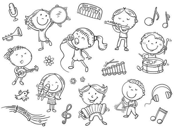 Kids with different musical instruments, playing music and singing - Vector, Image