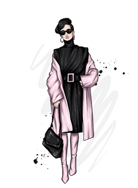 Beautiful, tall and slender girl in a stylish coat, dress, and glasses. Stylish woman in high-heeled shoes. Fashion & Style. Vector illustration. - Vektör, Görsel